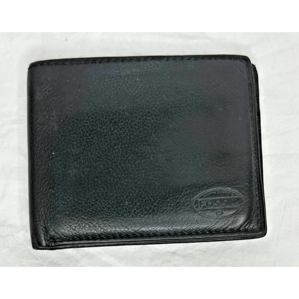 Mens Fossil Wallet Bifold Black Leather 3.5x4